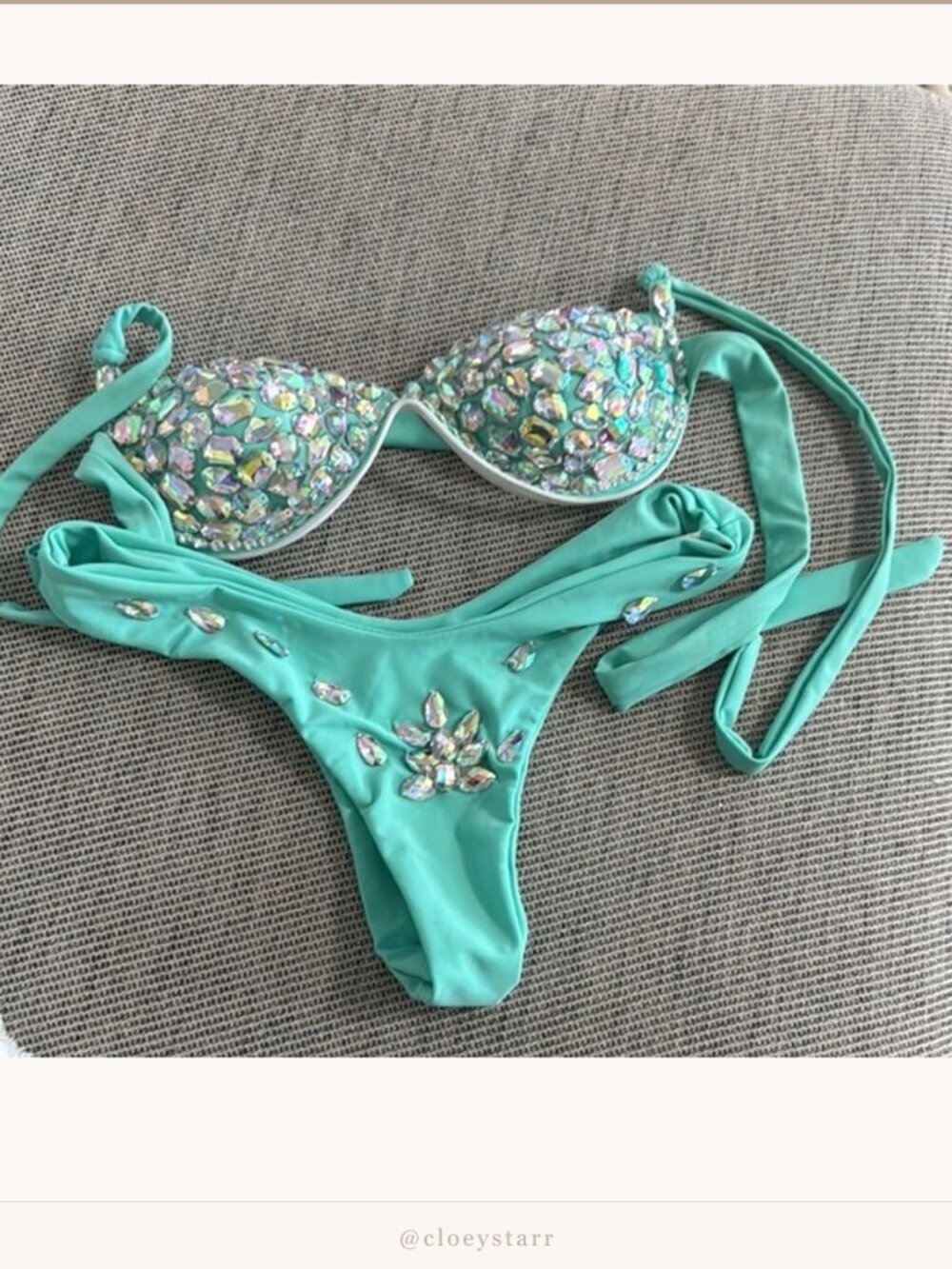Custom Teal Crystal Embellished Bikini Set Size M | Sparkling Swimsuit |